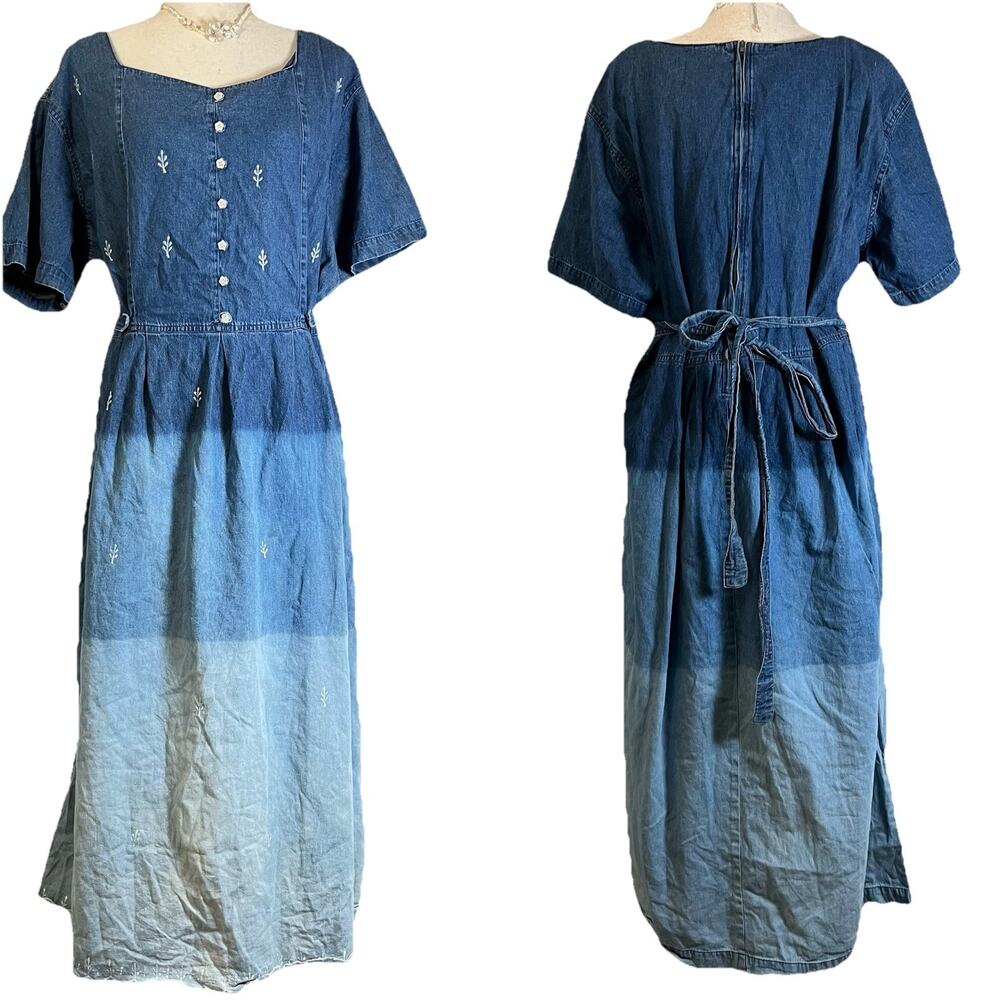 VTG Jane Ashlet Embroidered Denim Maxi Dress Sz 2X Gradient Blue Peasant Belted